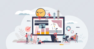 Hybrid workforce with distant employees and flexible job tiny person concept. Business model with outsourcing colleagues for remote online tasks vector illustration. 